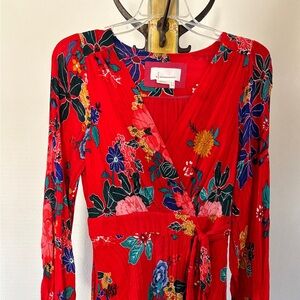 Anthropologie Womens Sz 8 Red Floral Textured Wrap Tunic Dress